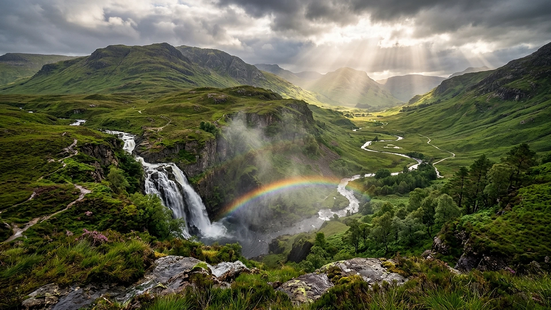 Cascada y Arcoíris en las Highlands