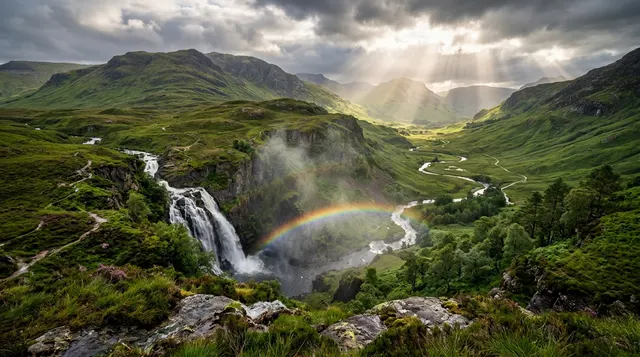 Cascada y Arcoíris en las Highlands