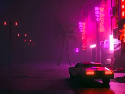 Panorama de Puerto Espacial Synthwave (Tablet Retina)
